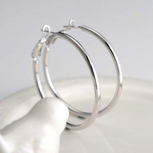 18K White Gold Filled 30mm Smooth Hoop Dangle Earrings 1.18" Womens Classic Gift